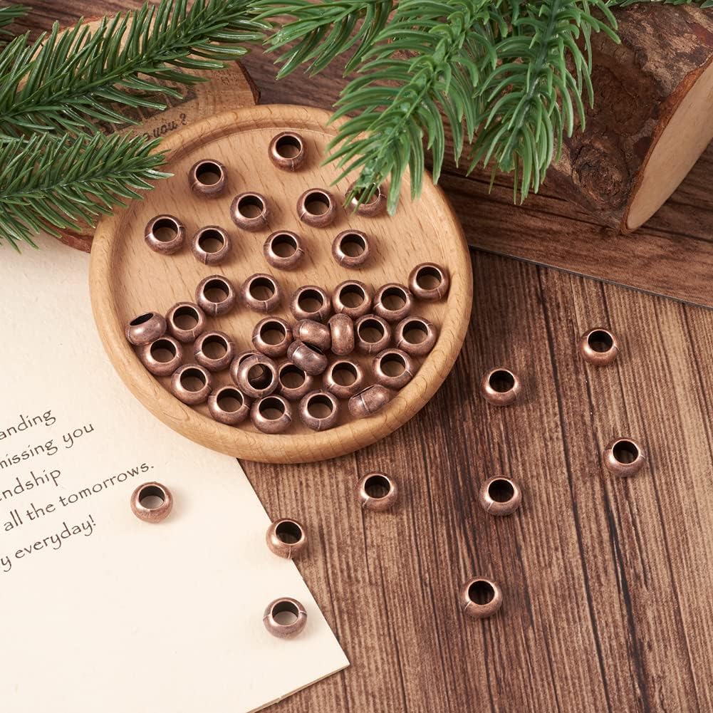 Fashewelry 50Pcs Alloy Large Hole Beads Red Copper European Spacer Beads Tibetan Western Flat Round Rondelle Ring Donut Metal Bead 5.5x9.5mm for Macrame Jewelry Bracelet Necklace Making Hole: 5mm - Image 7