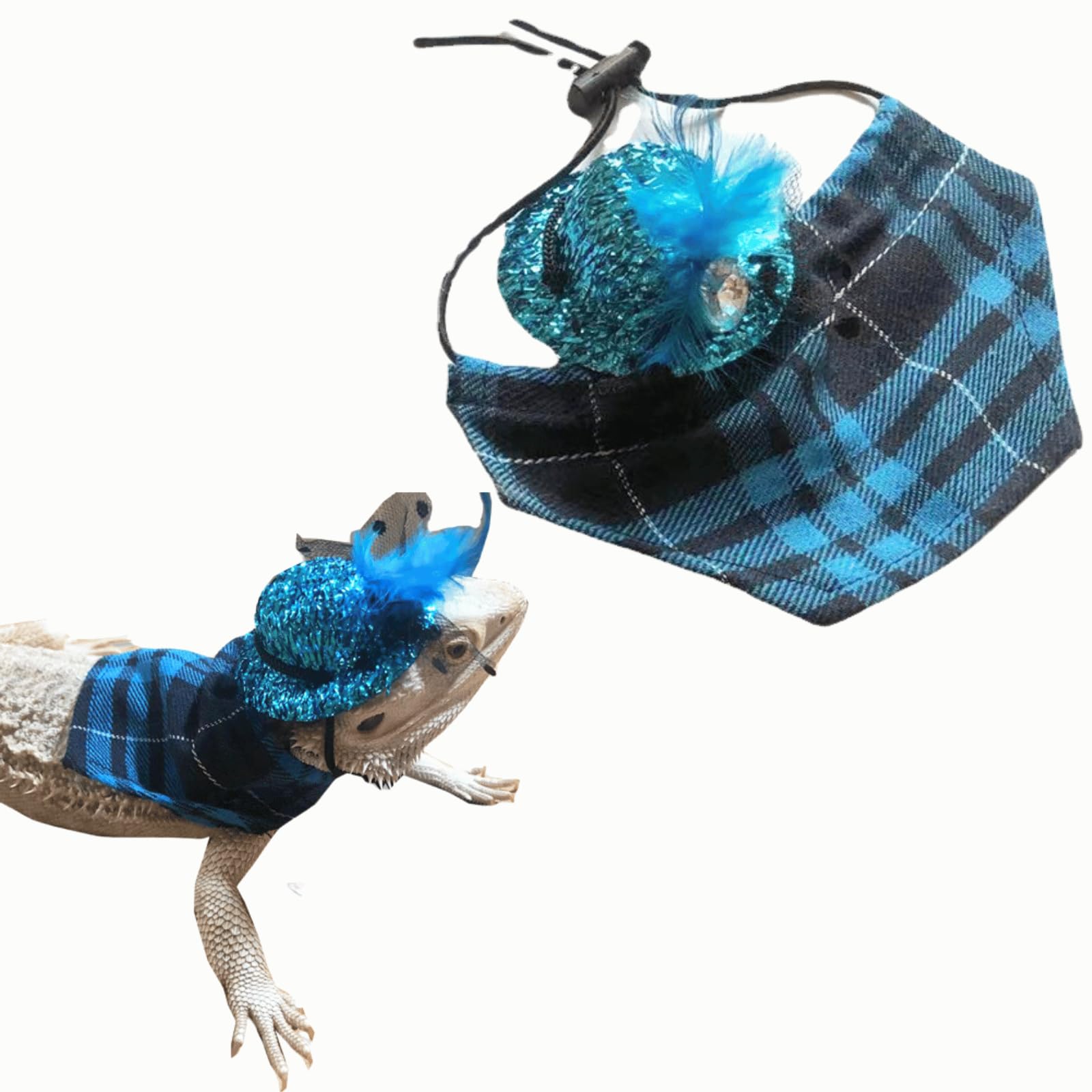 Bearded Dragon Top Hat & Lizard Bandana Scarf, Small Pet Clothes Costume Accessories for Lizard Hamster Leopard Gecko (Blue)
