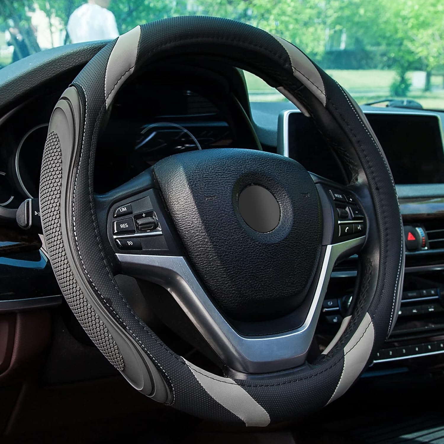 XCBYT Steering Wheel Cover Black Grey Car Steering Wheel Covers Universal 14.515 Inches