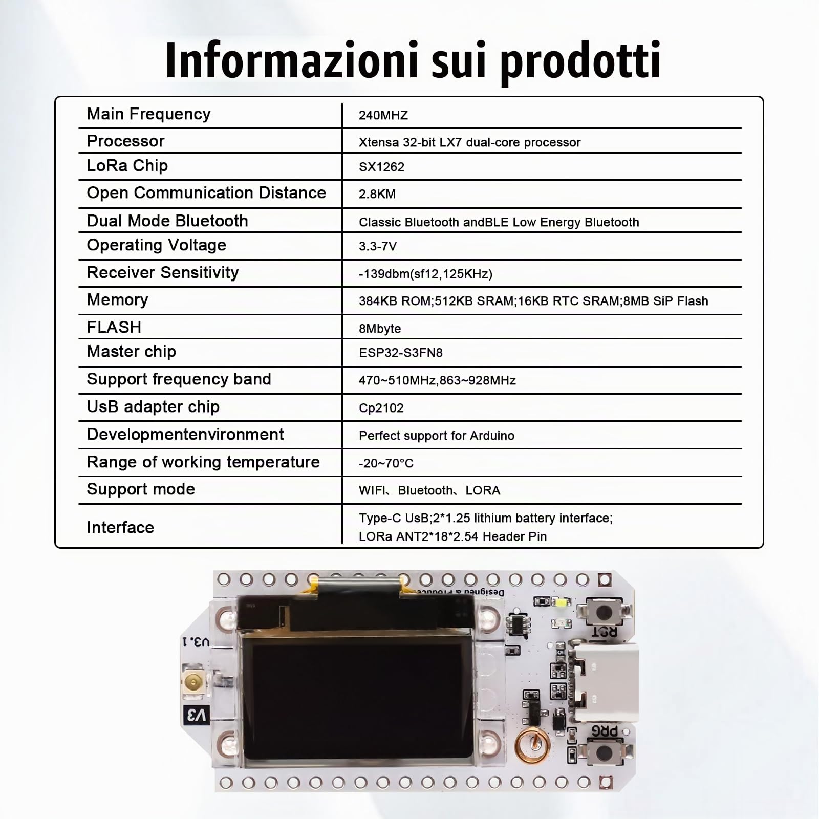 ARCELI LoRa ESP V3 Board con 3000 mAh Battery Set, Meshtastic LoRa ESP32 Kit di sviluppo con antenna da 868 MHz e display OLED, WiFi + BLE Dual-Core IoT Board compatibile con Arduino/Mesh tastic (2