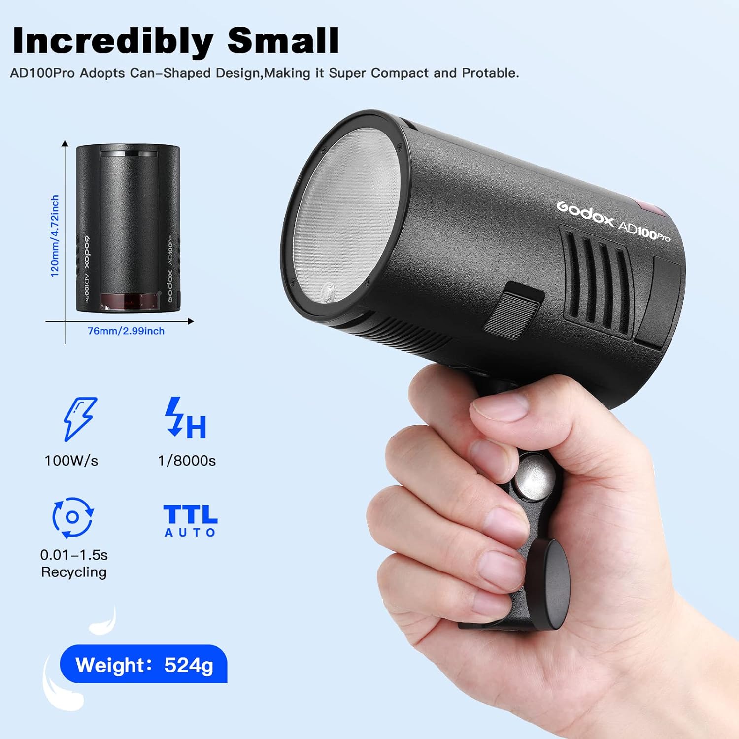 Godox AD100pro Strobe Flash Portable 2600mAh Battery 100Ws TTL/M/Multi Functions 2.4G Wilreless X System 5800K±200K 1/8000 HSS 0.01-1.5s Recycling 360 Full Power Outdoor Strobe Flash