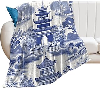 60x80in Flannel Fleece Throw Blanket for Couch Office Bed Chinoiserie Blue and White Asian Pagoda and Floral Lightweight Plush Fuzzy Cozy Soft Blankets and Throws for Kids All Season Use