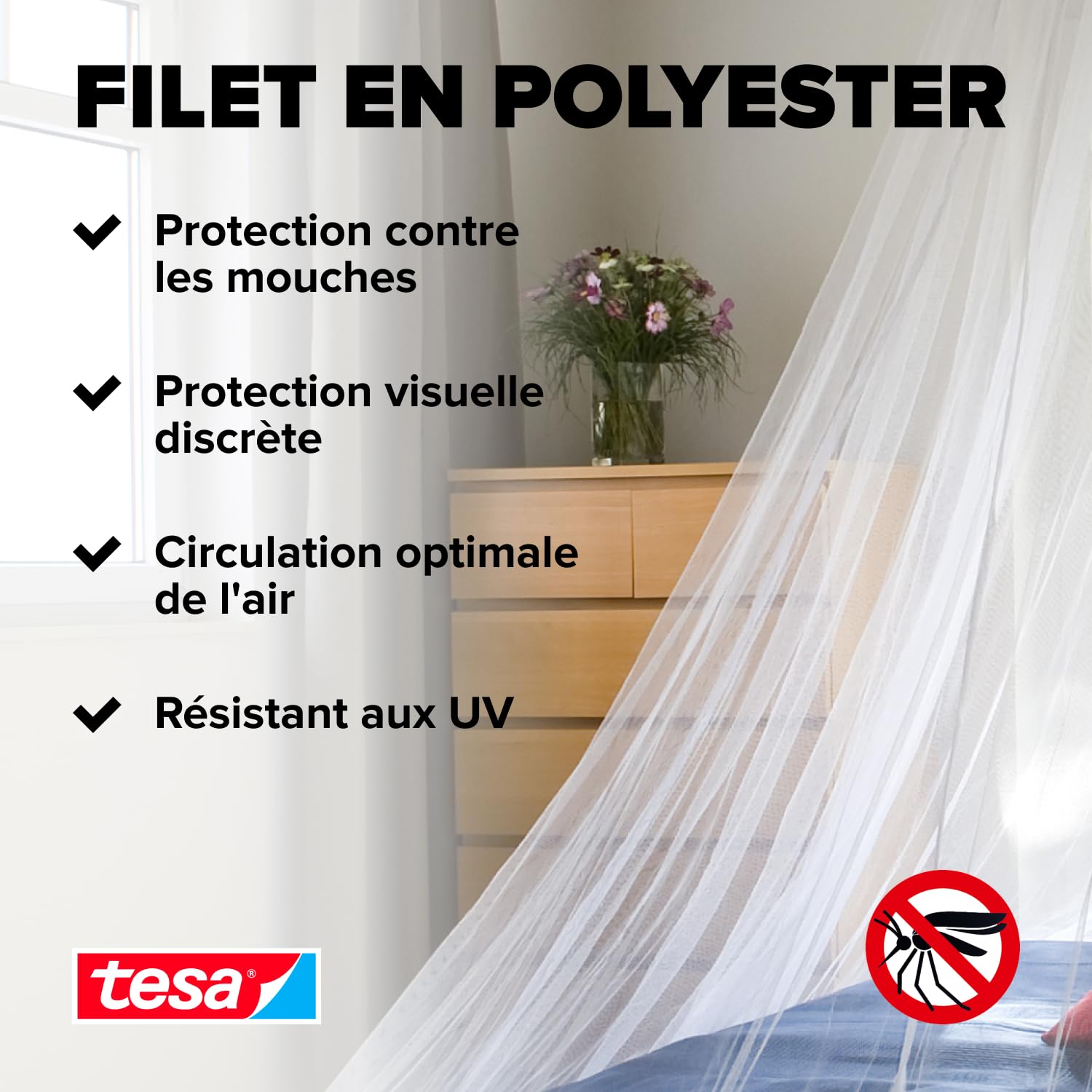 Tesa Stop Moustiquaire Voile Comfort – Ciel Anti-Insectes avec Crochet Adhésif – pour Le Voyage et la Maison – Lit Simple ou Double – avec Sac de Transport – Blanc 55836-00020-00