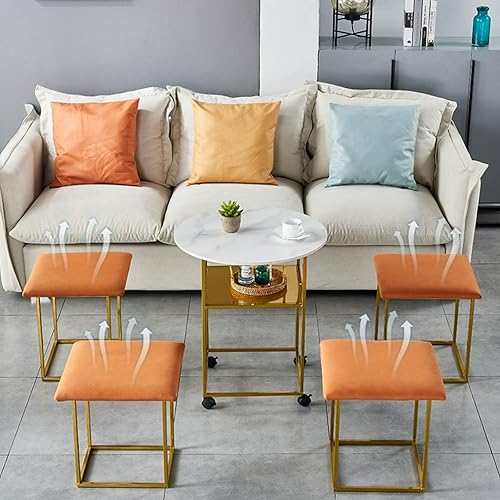 Miniatura 2 de Juego de 5 mesas de centro de otomanas anidadas, incluye 4 taburetes otomanos apilables, marco negro del escritorio con ruedas giratorias, ruedas