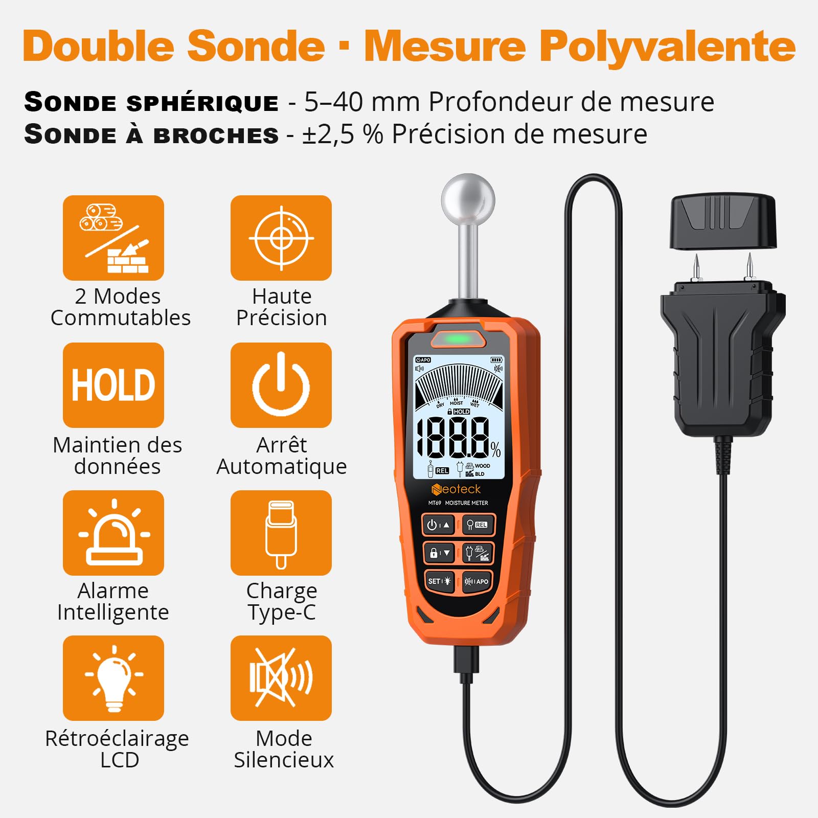 Neoteck Testeur Humidité 2 en 1 à Sondes Sphérique et à Aiguilles ±2.5% pour Bois Béton Humidimètre Numérique LCD
