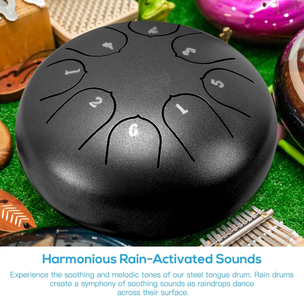 NAVESO Tambor de Lengüeta de Acero, Rain drum para jardín exterior, Handpan Drum, Tambores de Hendidura de 6 Pulgadas y 8 Tonos, con Bastones y Bolsa de Viaje para Yoga,Meditación,Alivia el Estrés