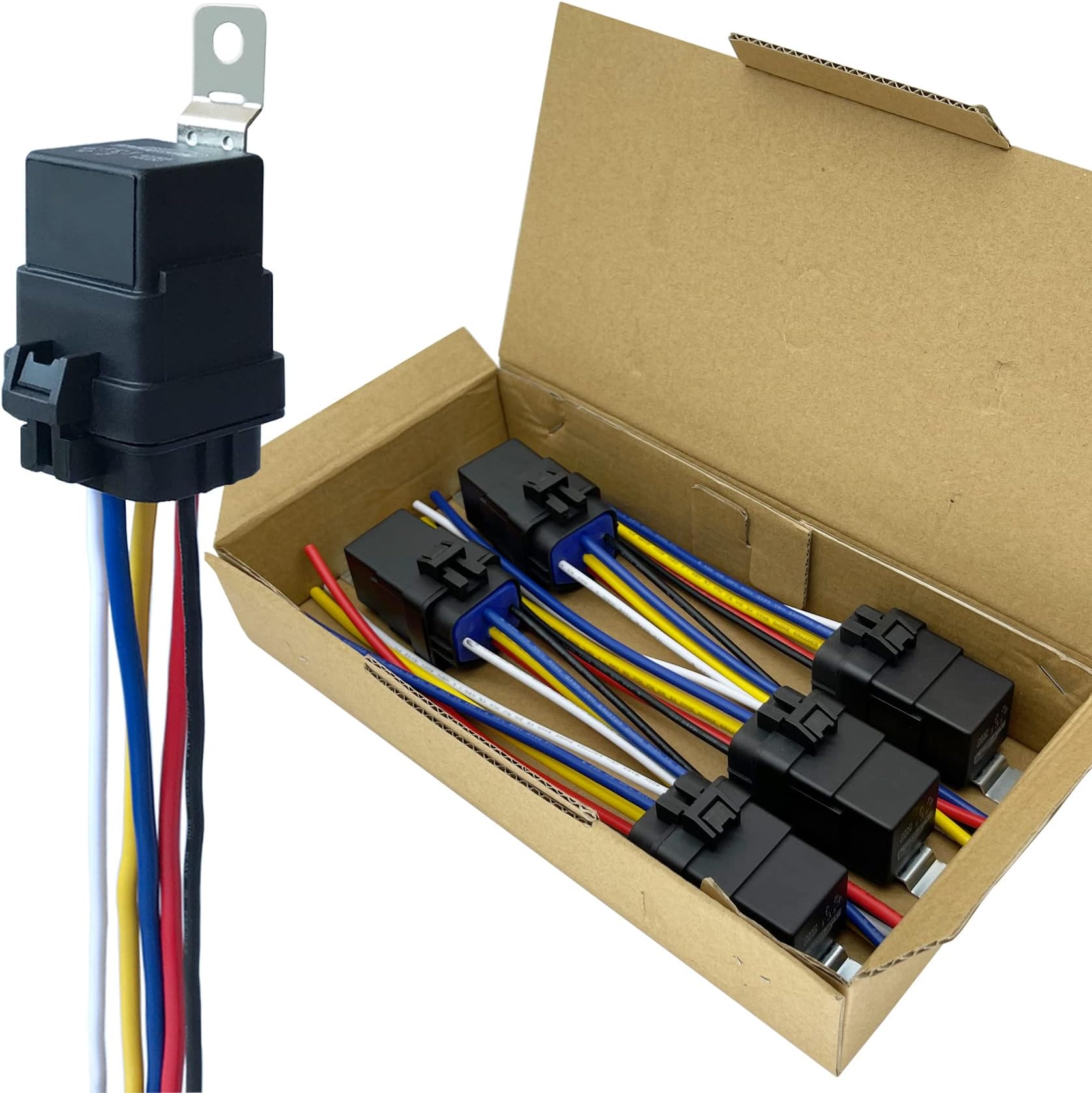 5 PACK 40/30 AMP 12 V DC Waterproof Relay and Harness - Heavy Duty 12 AWG Tinned Copper Wires, 5-PIN SPDT Bosch Style Automotive Relay