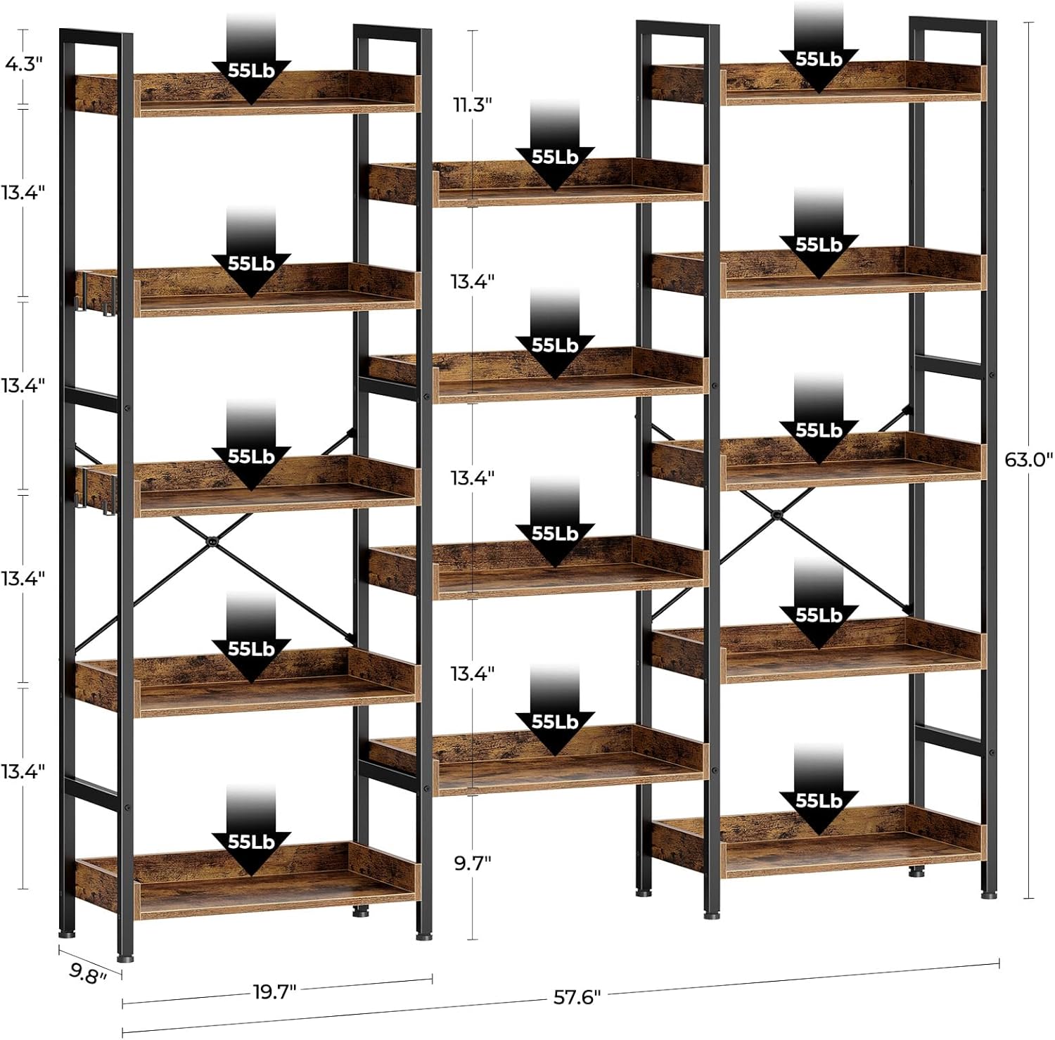 Rolanstar Bookshelf 5 Tiers, Triple Bookcase with Open Display Shelves, Industrial Wide Bookshelf with Metal Frame for Living Room, Office, Rustic Brown - Image 3