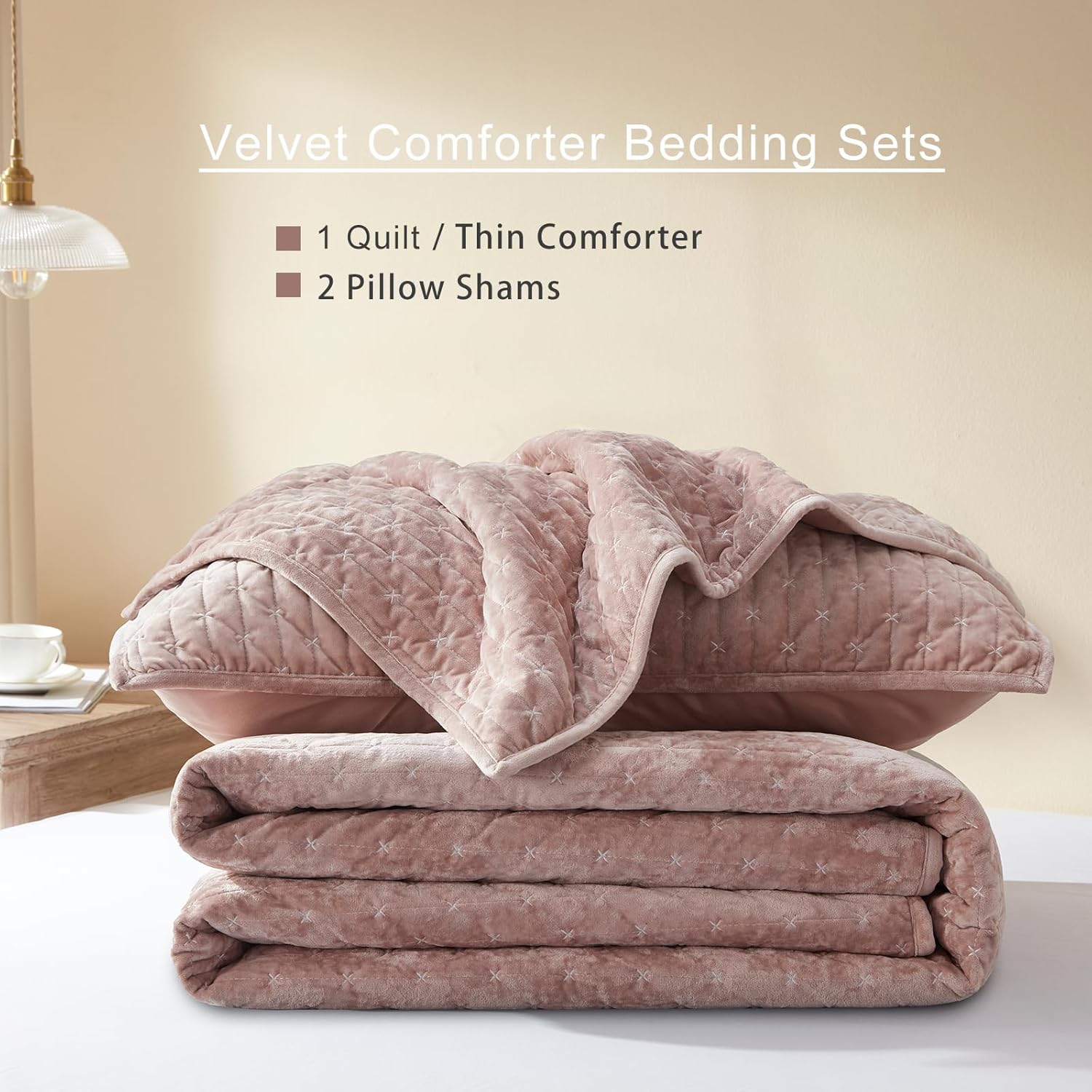 LEAONME Velvet Quilt California King Size 118''x106'', Lightweight Dusty Pink Velvet Comforter Set with 2 Matching Shams, Soft Cross Stitch Bedspread, Oversized King Quilt Set for All Season - Image 6