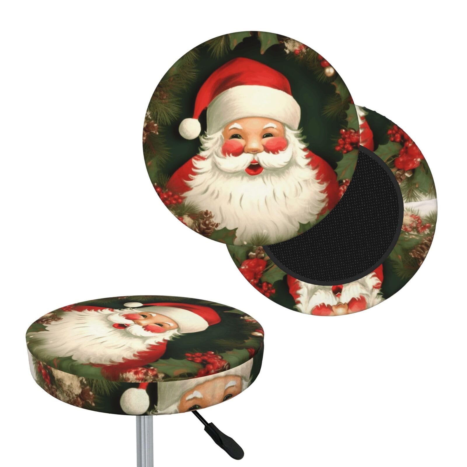 Christmas Holiday Santa Claus Wreath Bar Stool Cover Round Elastic Stool Cushion Covers Dustproof Bar Chair Cover Washable Stool Cushion Slipcover Stretch Stool Seat Covers for 12-14 Inch Chair