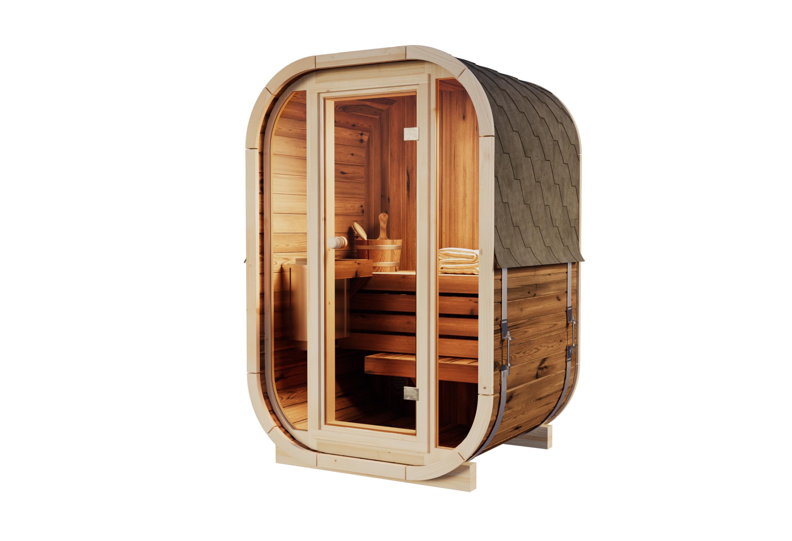 Fasssauna Ellipso S, Sauna d'Extérieur avec Couverture de Toit, Façade en Verre, 136 x 119 x 203 cm, 2 Personnes