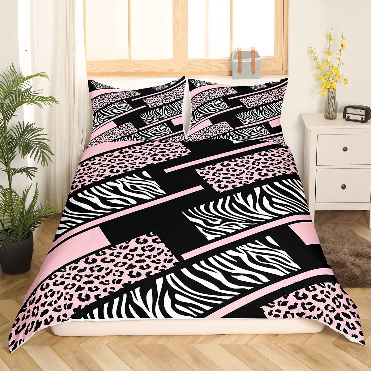 Manfei Pink Leopard Kids Duvet Cover Set Single Size, Cheetah Zebra Striped Print Comforter Cover - Image 3