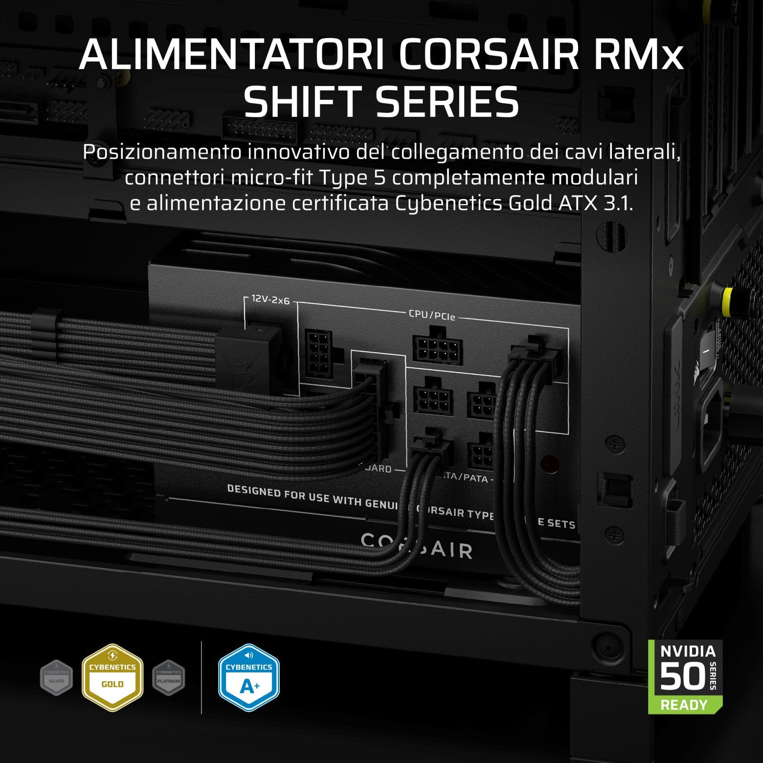 CORSAIR RM850x SHIFT (2025) Alimentatore ATX Completamente Modulare - Interfaccia Laterale Modulare, Cavo Nativo 12V-2x6, ATX 3.1 e PCIe 5.1, Condensatori a 105°C, Cybenetics Gold - Nero