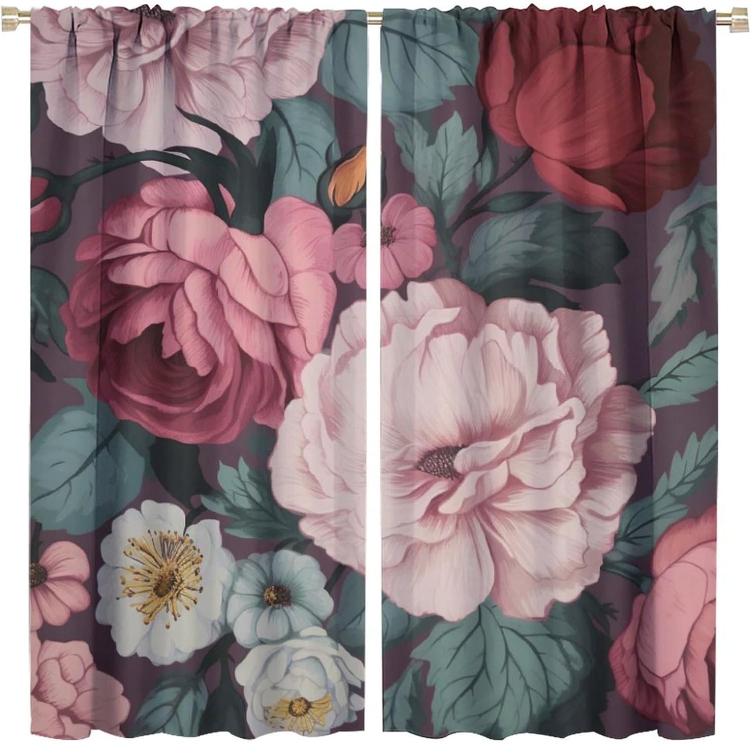 Pink Vintage Floral Theme Decorative Curtains, Watercolor Floral Personality, Beautiful Plant Nature Landscape Flower Petal Art, Girl Room Blackout Curtains 42x45in