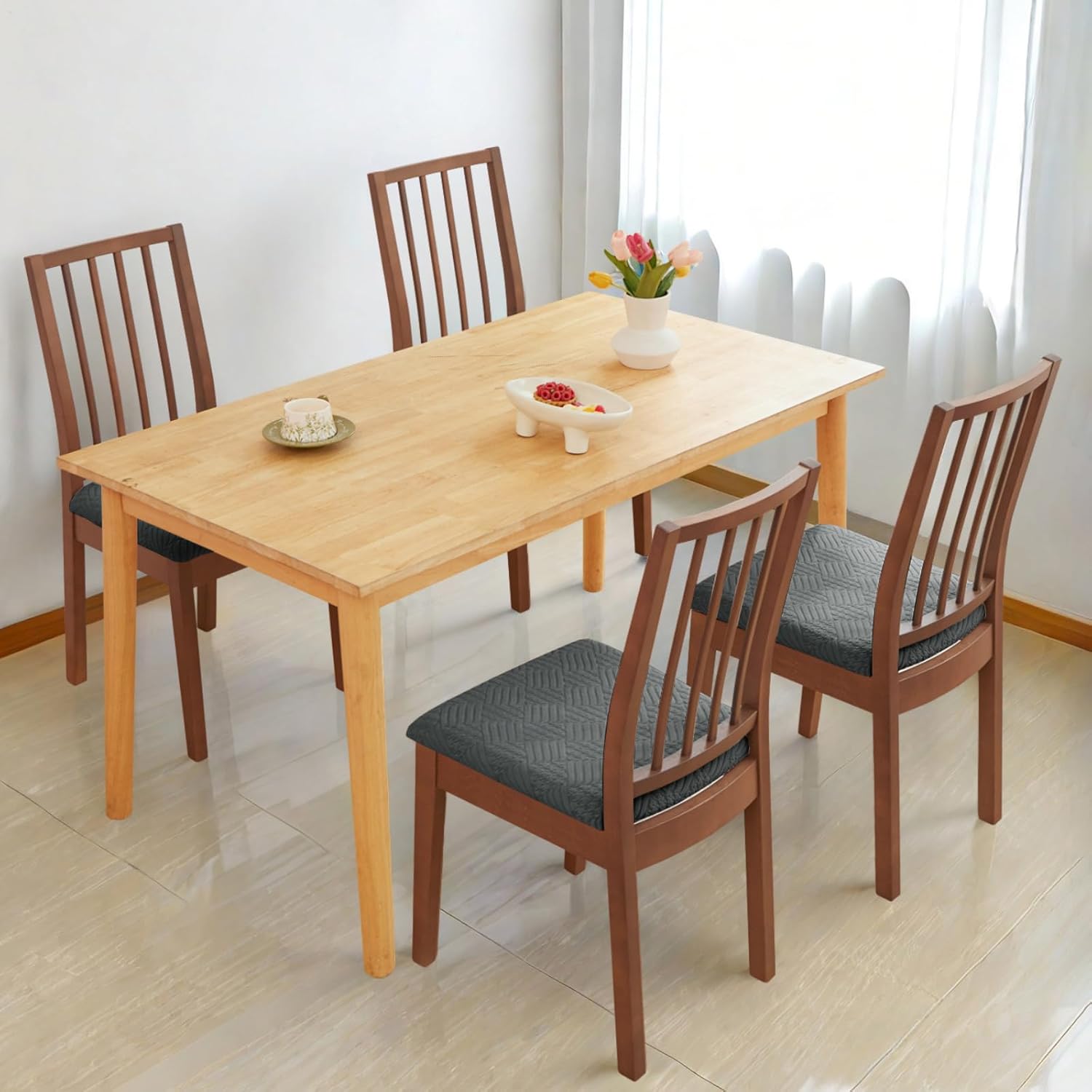 Jacquard Chair Seat Covers Set of 6 Stretch Chair Covers for Dining Room Washable Removable Seat Cushion Slipcovers for Wedding Party Patio Outdoor Decor(Grey,Medium6pc)