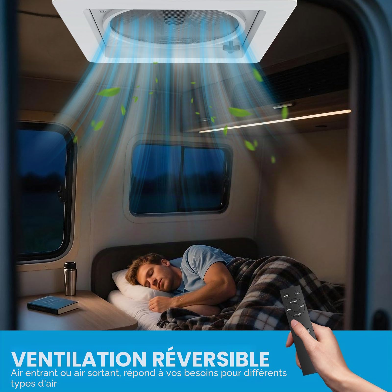 2012 Ventilateur de Toit 12V(24V Max) pour Camping-Car, Lanterneau 400 mm avec Télécommande, Flux d'Air Réversible, Ventilation Ultra Silencieuse, Couvercle Noir Semi-Transparent Anti-UV