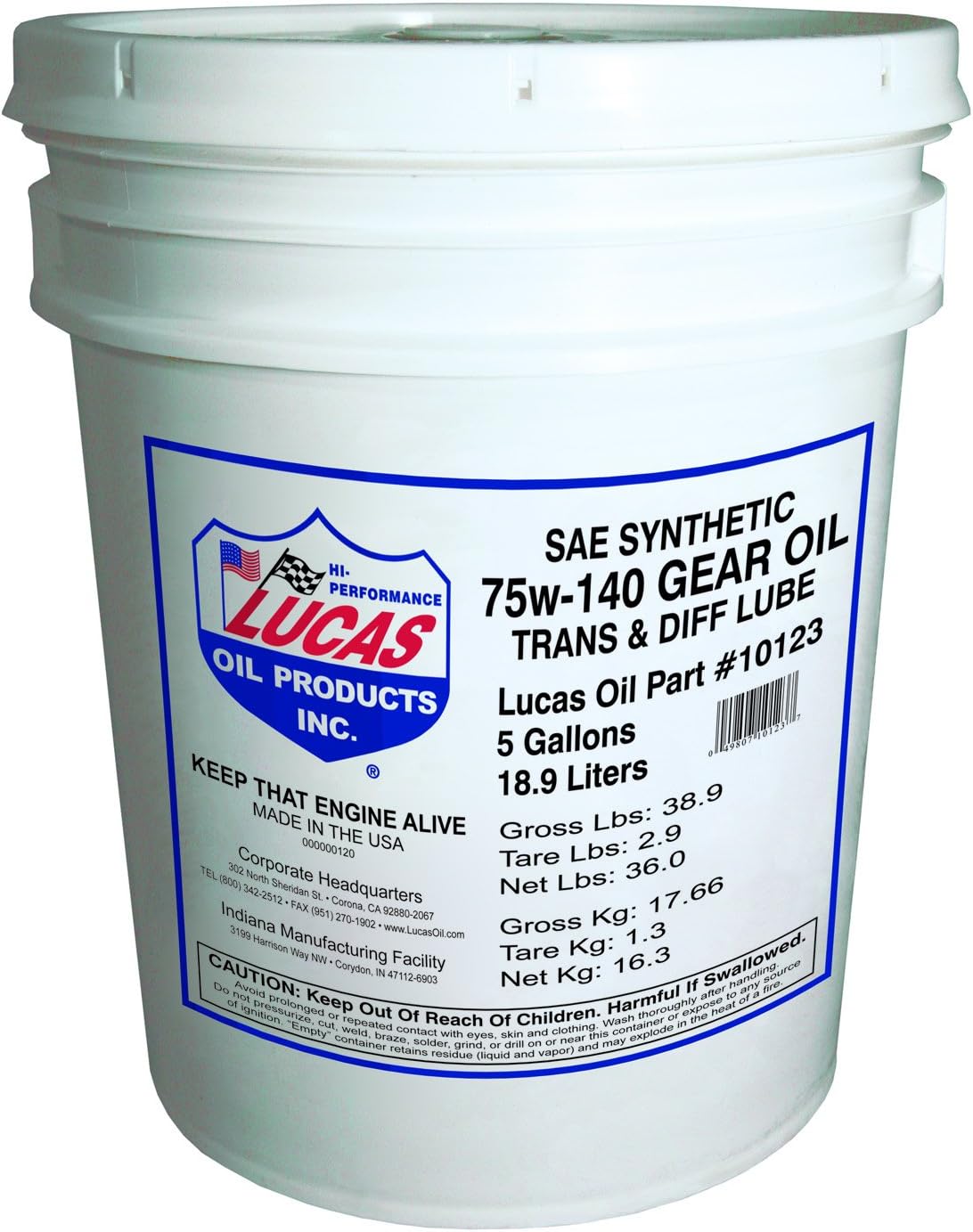 Lucas Oil 10123 Synthetic SAE 75W-140 Gear Oil - 5 Gallon