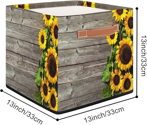Miniatura 2 de Cesta de almacenamiento de girasol de madera, caja de almacenamiento plegable de tela de 13 x 13 x 13 pulgadas, cubos cuadrados con asas para el