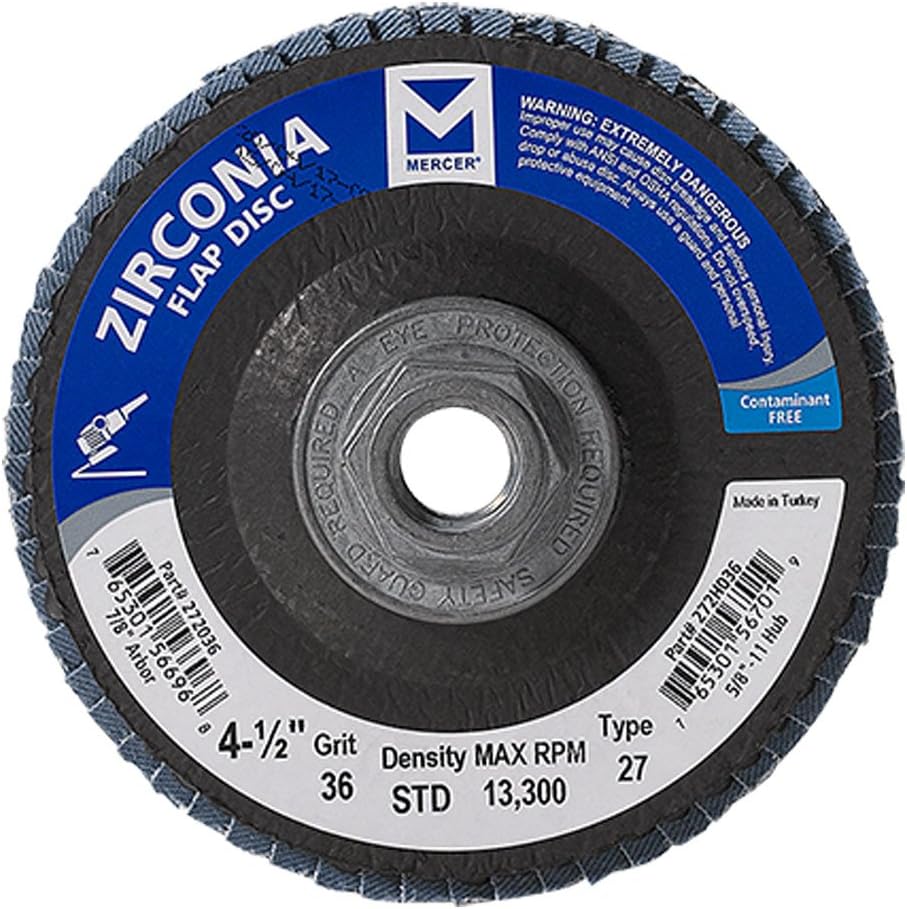 Mercer Industries 262H080 Zirconia Flap Disc, High Density, Type 27, 4 1/2" x 5/8" 11 Thread, Grit 80, 10 Pack