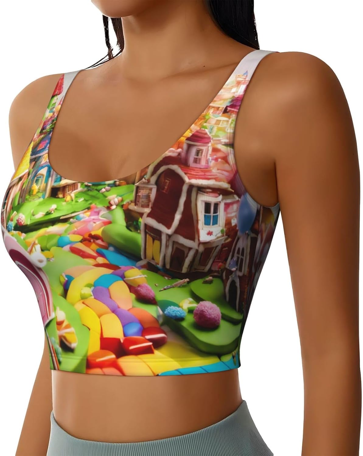 Candy Land Print Women's Sports Bra Tank Tops,Longline Sports Bras for Yoga,Workout and Running