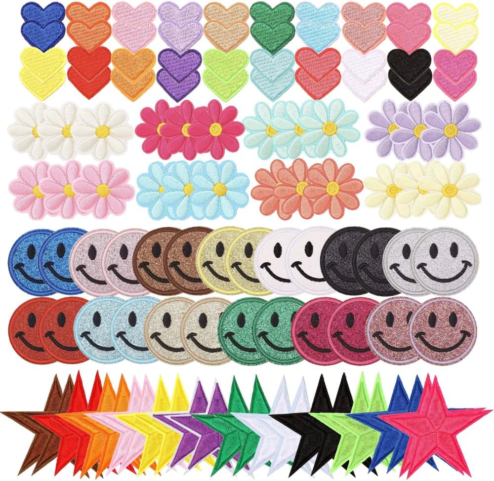 112 Pcs Embroidered Iron on Patch Flower Star Heart Theme,Iron on/Sew on Patch Cute Decorative Appliques for Clothes,Backpacks,Hats,Jeans,DIY Decoration & Repair