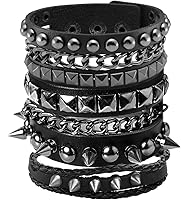 Eigso 3PCS Punk Rock Leather Cuff Bracelets Men Women Retro 80s Gothic Chain Spike Wristbands Adjustable Set