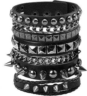 Eigso 3PCS Punk Rock Leather Cuff Bracelets Men Women Retro 80s Gothic Chain Spike Wristbands Adjustable Set