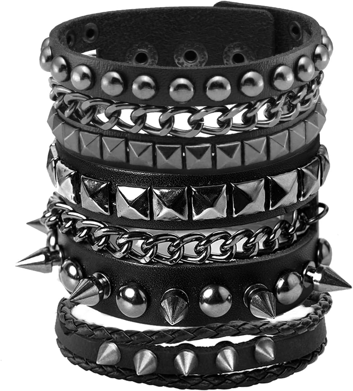 3 Pcs Black Wide Studded Spikes Studded Cool Punk Steampunk 80s Theme Retro Bracelets for Men and Women with Adjustable Buckle