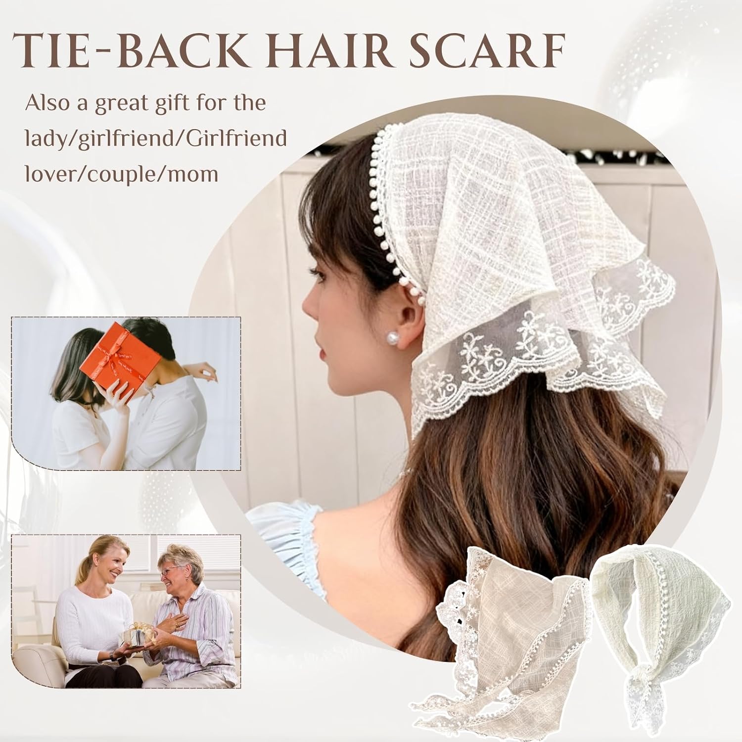 Hair White Bandanas, Chic Lace Triangle Head Scarf for Women Girls Hair, Vintage Stylish Kerchief Bandana Headband