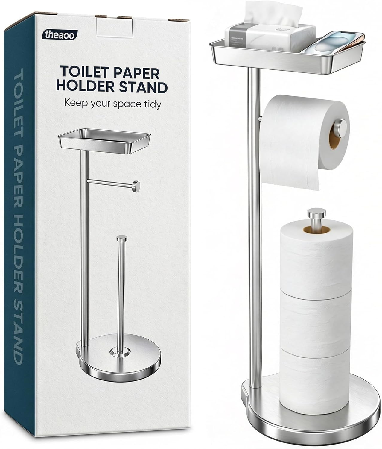 theaoo Toilet Paper Holder Stand with Shelf, Flushable Wipes Dispenser, Free Standing Toilet Tissue Roll Storage Rack Organizer for Bathroom (Silver, Free Standing - with Storage)