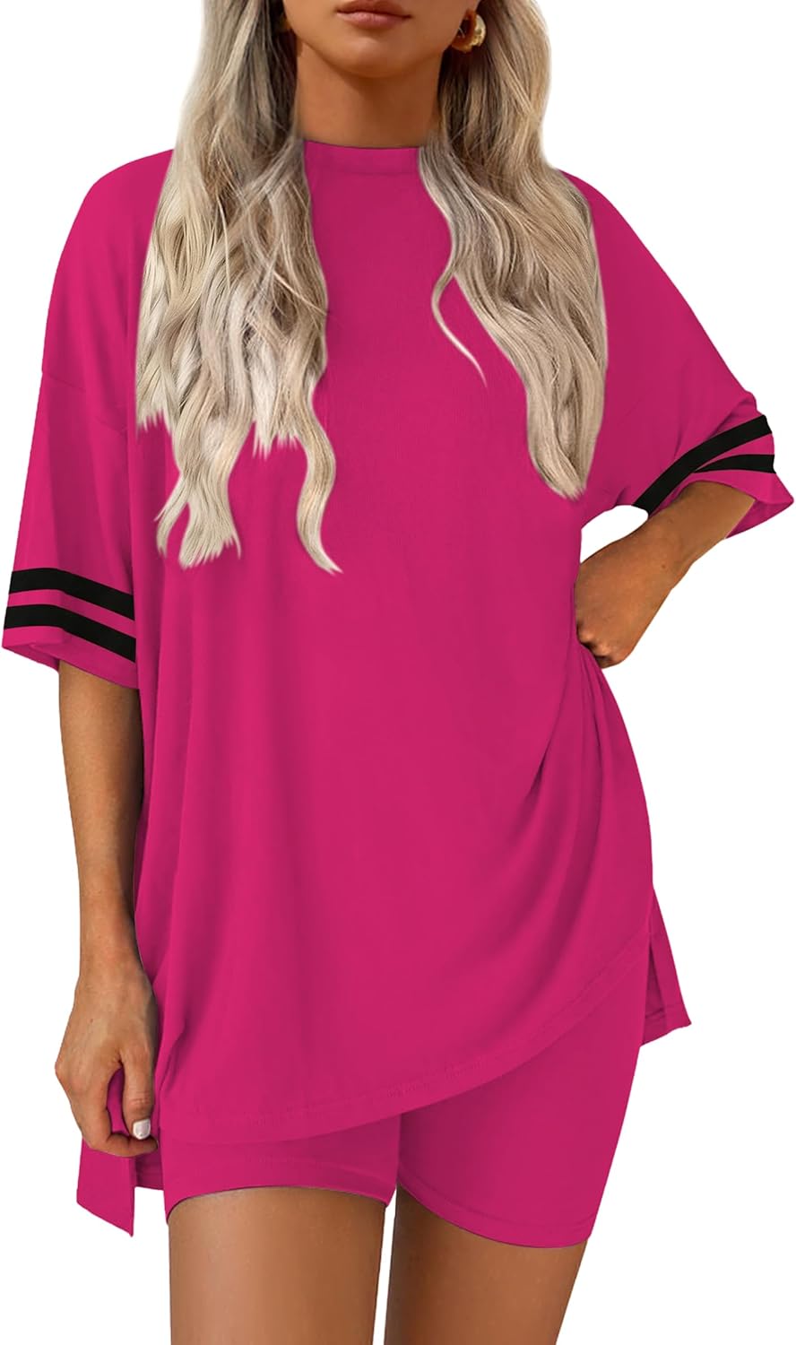 Ekouaer Womens Pajamas 2 Piece Lounge Set Casual Oversized Short Sleeve Tops Biker Shorts Set Comfy Pjs Outfits S-XXL