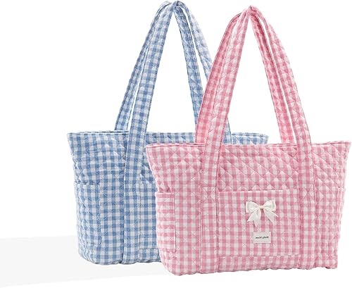 Two Sets of Quilted Gingham Tote BagsBlack&Blue