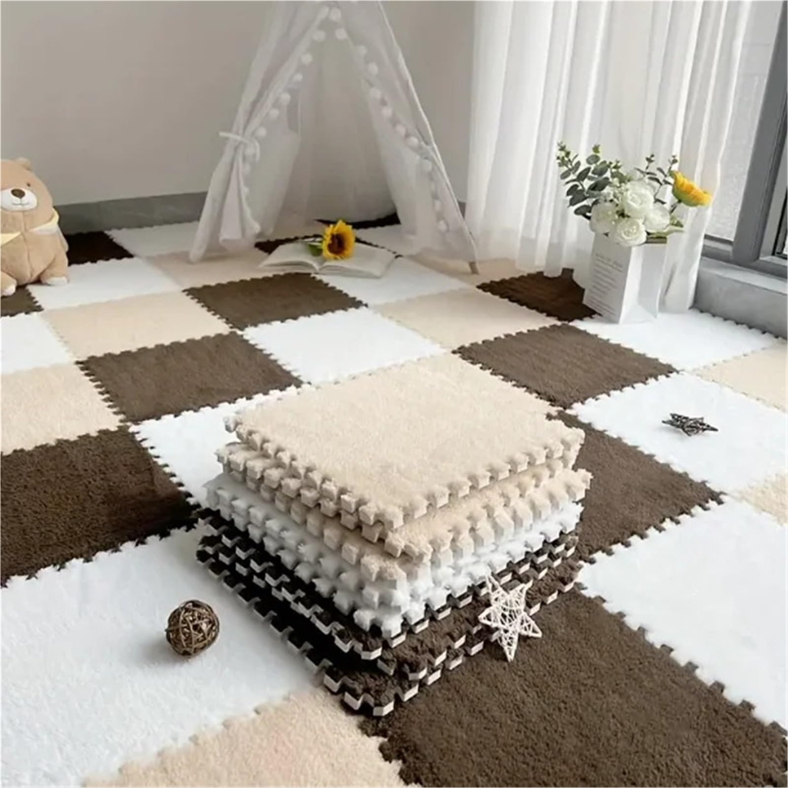 Weiche P-Schaumstoff-Boden-Puzzle-Matte – ineinandergreifende rutschfeste Fliesen für Kinder- und Baby-Spielzimmer, Schlafzimmerteppich (Kamelgrau, 4 Stück) – & sicheres Spielen