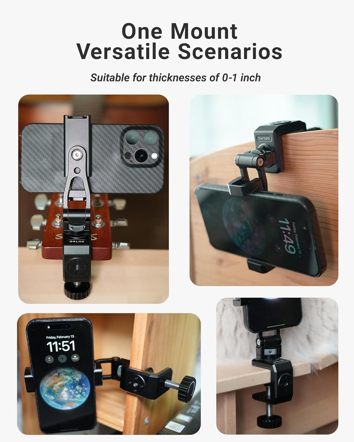 Guitar Phone Holder (Stable Headstock Mount) for Live Broadcast Teaching Video Recording, Mount Accessories for Guitar/Electric Guitar/Bass/Ukulele | ORLNK GM1 Plus