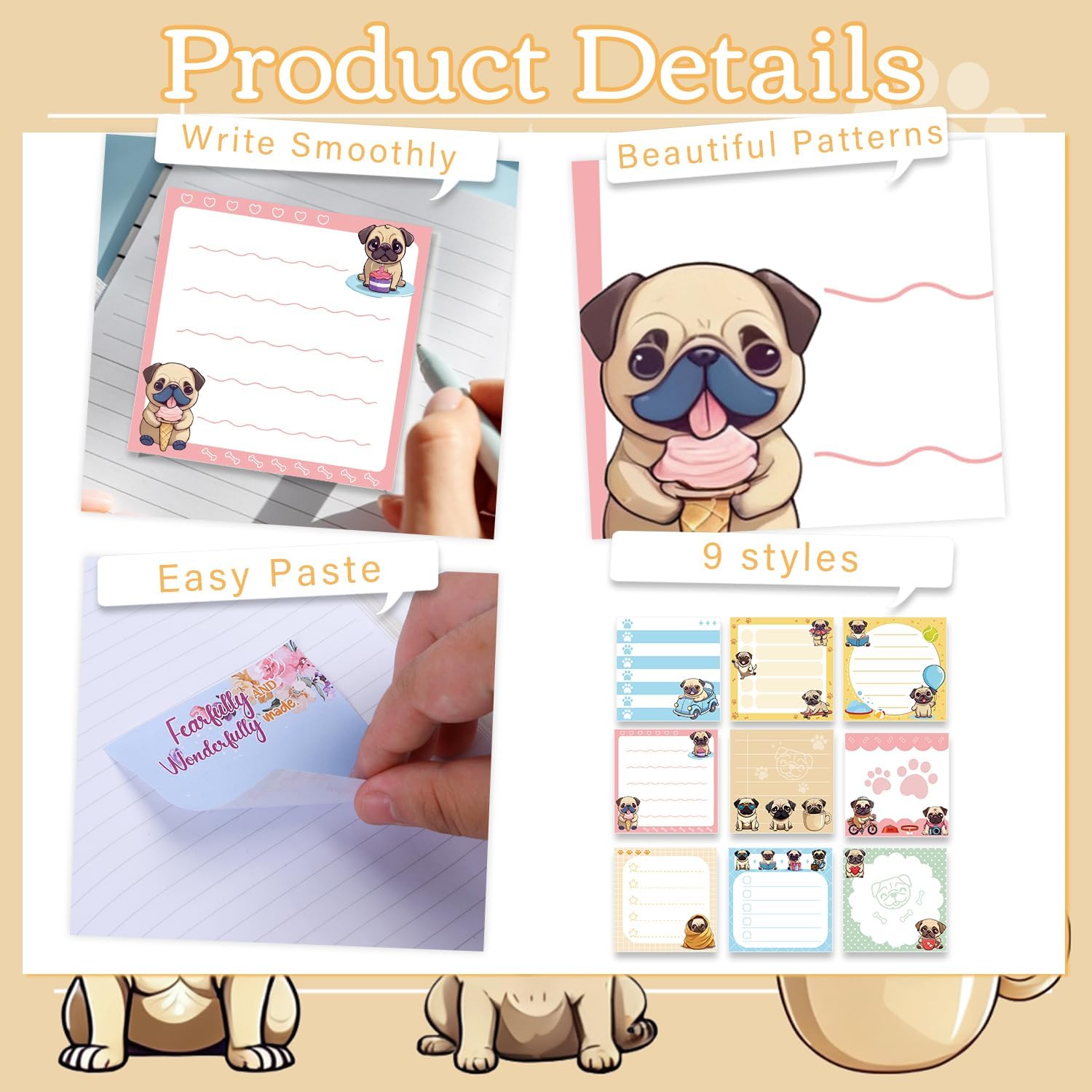 Cute Pug Sticky Notes 3x3 Gifts for Dog Lovers 9-Pack image 3