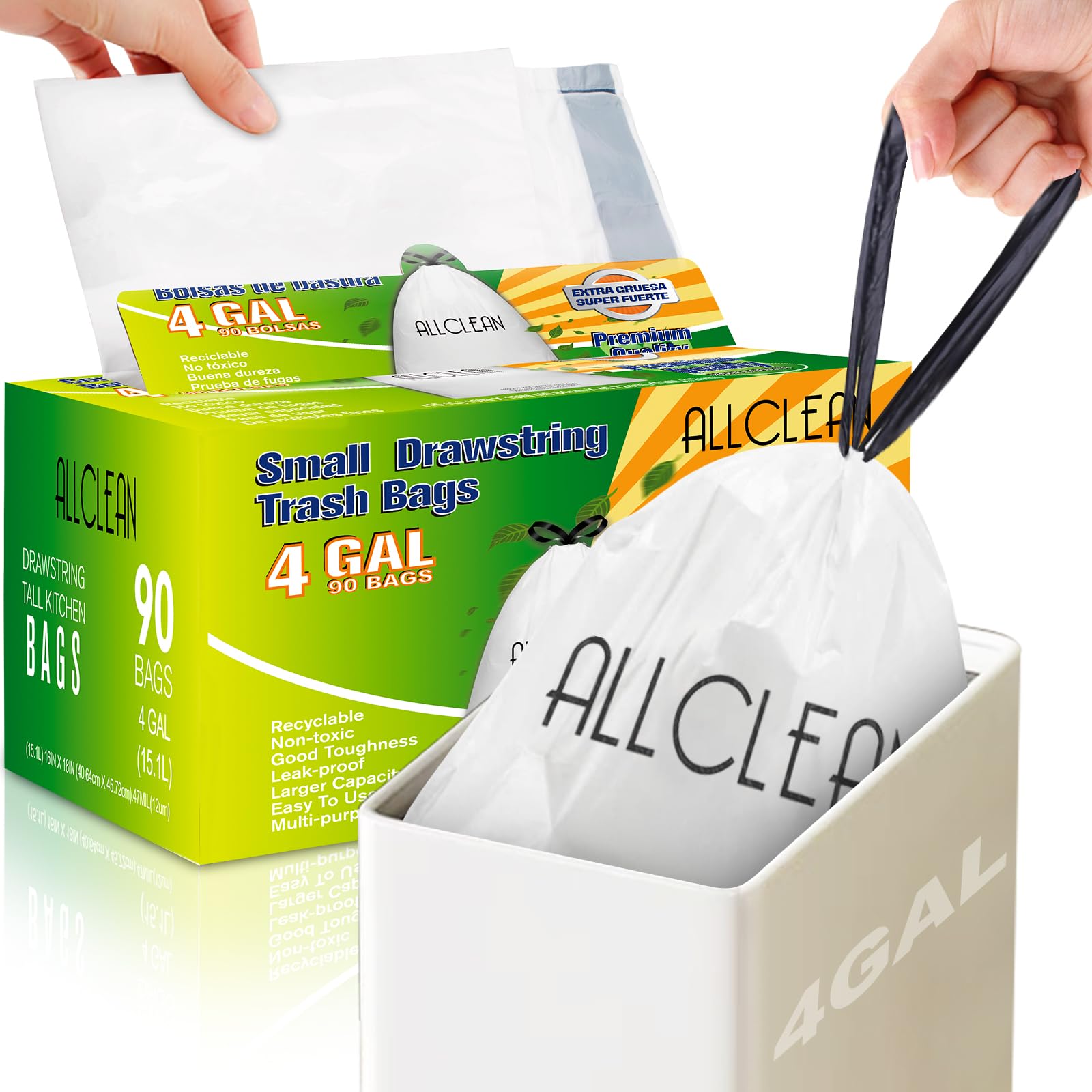 Small Trash Bags 4 Gallon,Recycling Bags Wastebasket Garbage Bags with Drawstring,Clear Strong Trash Bag for Bathroom Bedroom Office Trash Can Leak Proof Biodegradable Trash Bags 90 Count