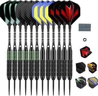sanfeng 12 Pack Steel Tip Darts Set 22g 24g with Designed Barrel 18 Aluminum Shafts 30 Standard Flights 50 Anti-loose Rubber O-Rings 1 Dart Sharpener for Dartboard