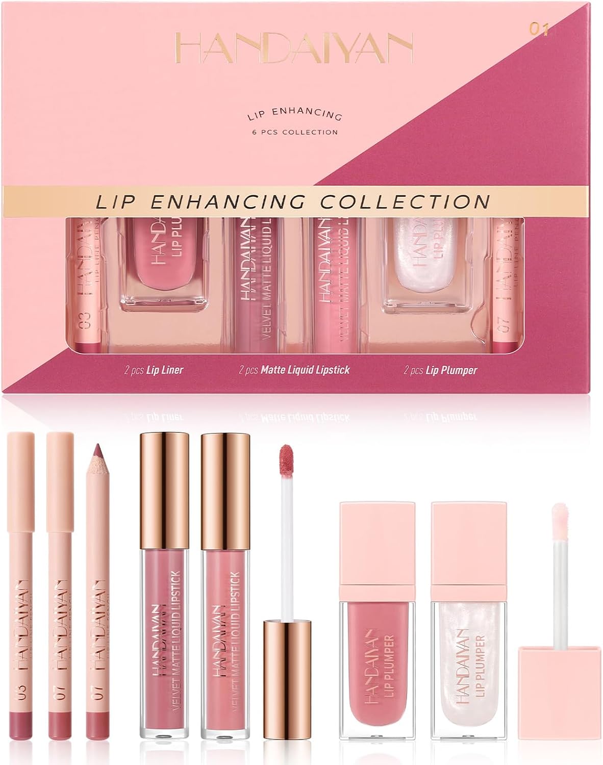 Set de 6 labiales: lápiz labial líquido mate, delineador y voluminizador, set de regalo de maquillaje hidratante de larga duración para labios más voluminosos (# 01)