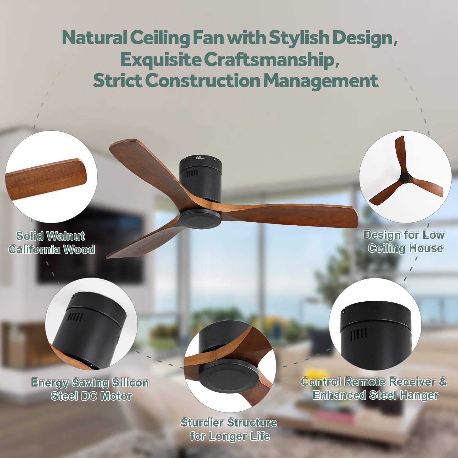 Sofucor Low Profile Ceiling Fan DC 3 Carved Wood Fan Blade Noiseless