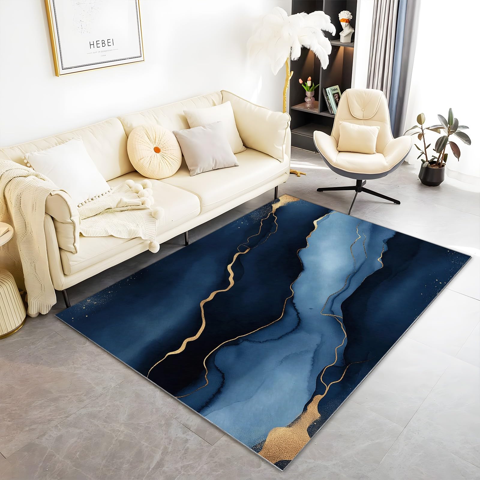 Zmywalny dywan 120 cm x 180 cm akwarelowy ciemnoniebieski i złoty marmur – antypoślizgowy dywan ze sztucznej wełny z krótkim włosiem, miękkie dywaniki do salonu, sypialni, jadalni, dywan do dekoracji