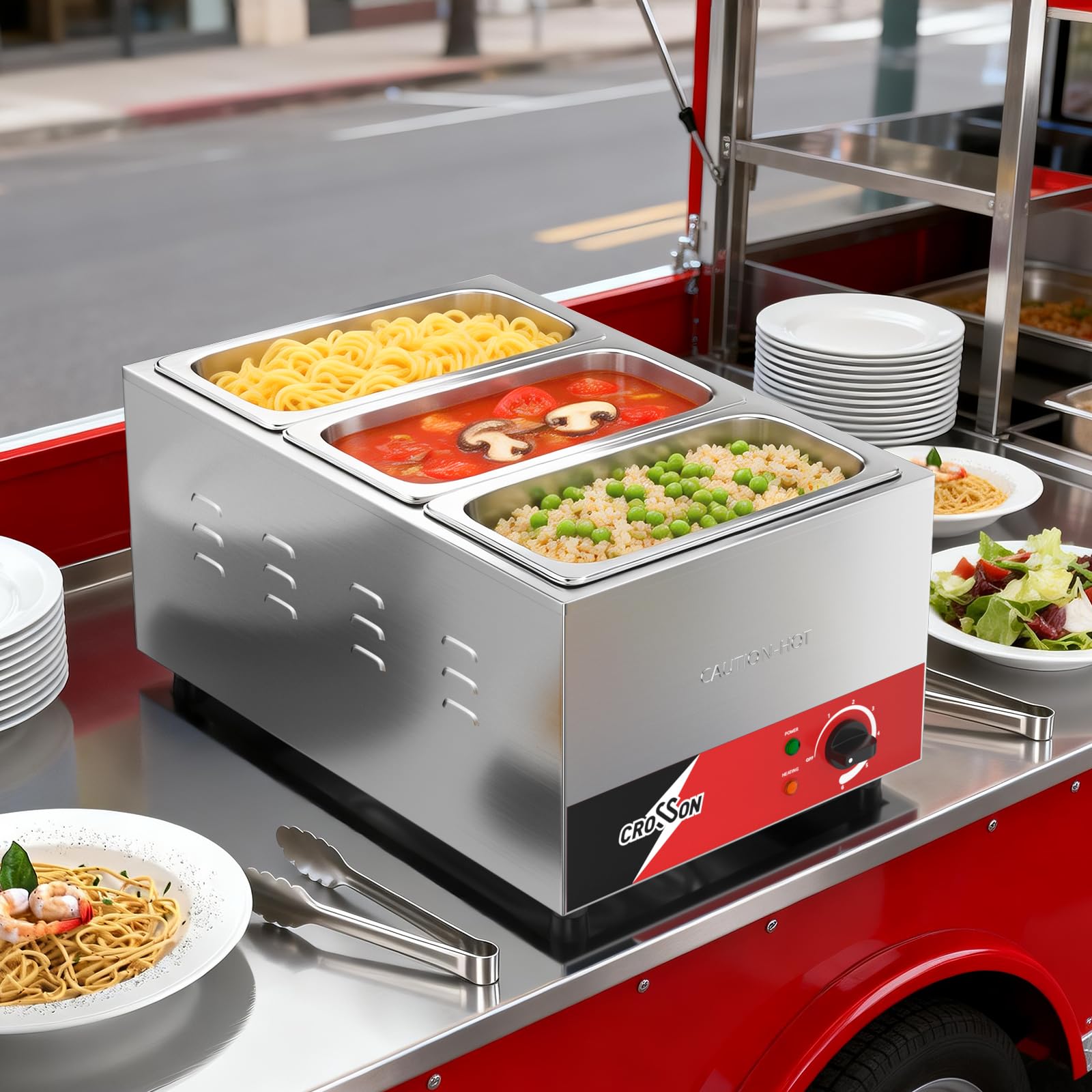 CROSSON Bain Marie Électrique Professionnel,1200W Bain Marie Électrique en Acier Inoxydable,3 x GN 1/3 Récipients avec Couvercle,Température Réglable 30°C - 85°C Chauffe-Buffet Chafing Dish
