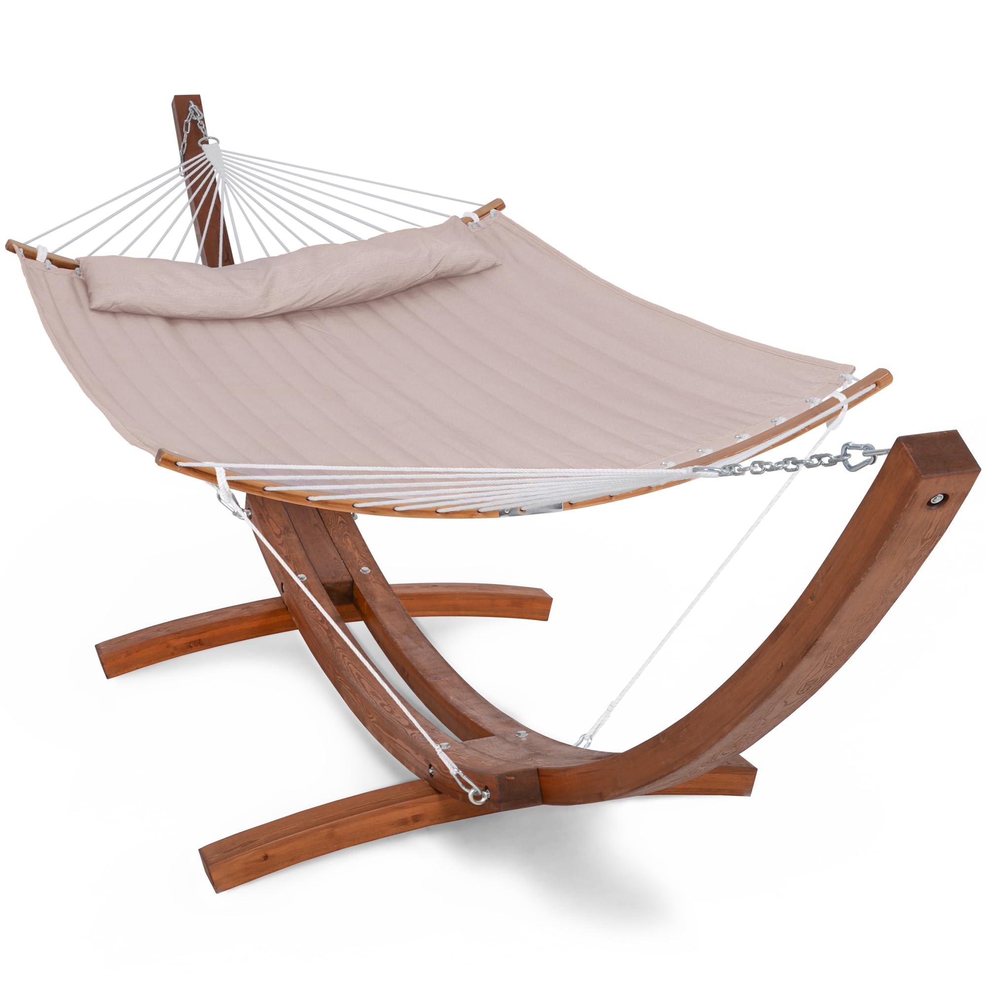 SUNCREAT Hammocks Patio Hammock with Stand, 2 Person Heavy Duty Curved Hammock with 13.5 ft Wooden Stand, Tan