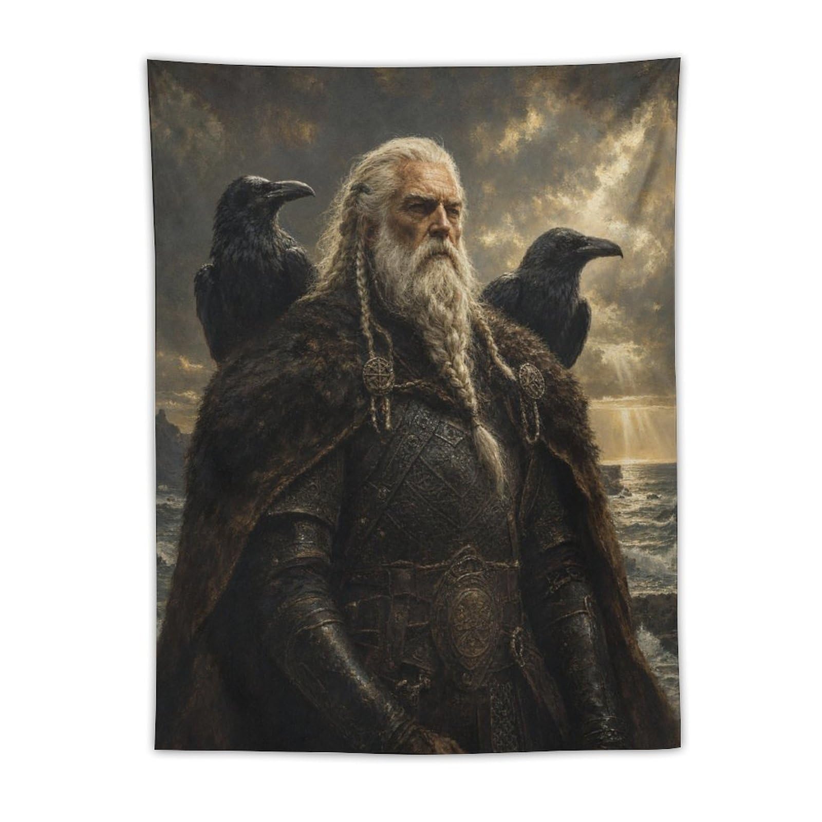 W7C8U2X3 Odin with Ravens Wall Tapestry, Realistic Illustration, Entryway