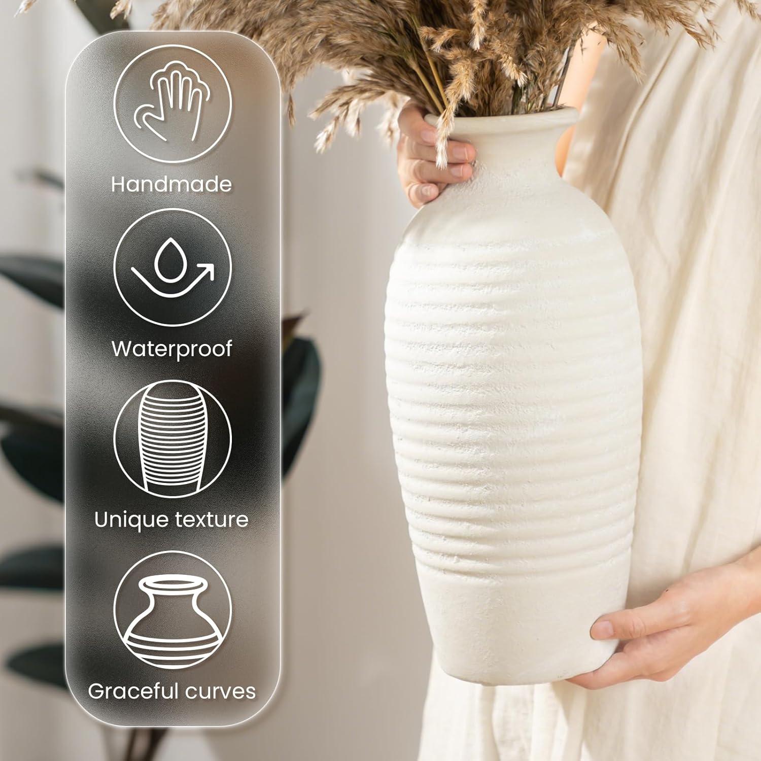 Rustic Ceramic Threaded White Vase, 14.4" H Tall Vases for Centerpieces,Handmade Large Decorative Vase for Living Room Decor,Vintage Farmhouse Pottery Flower Vase for Entryway Fireplace|Off-White