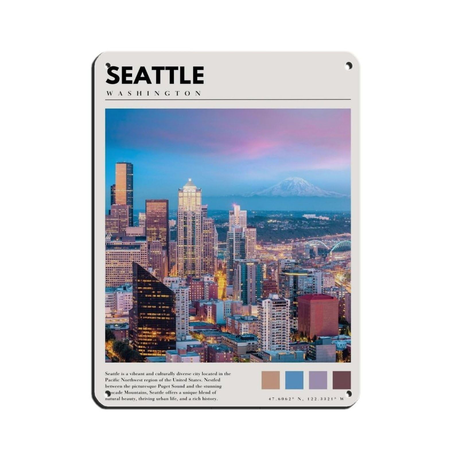 Poster Seattle Washington en métal vintage aux finitions rétro