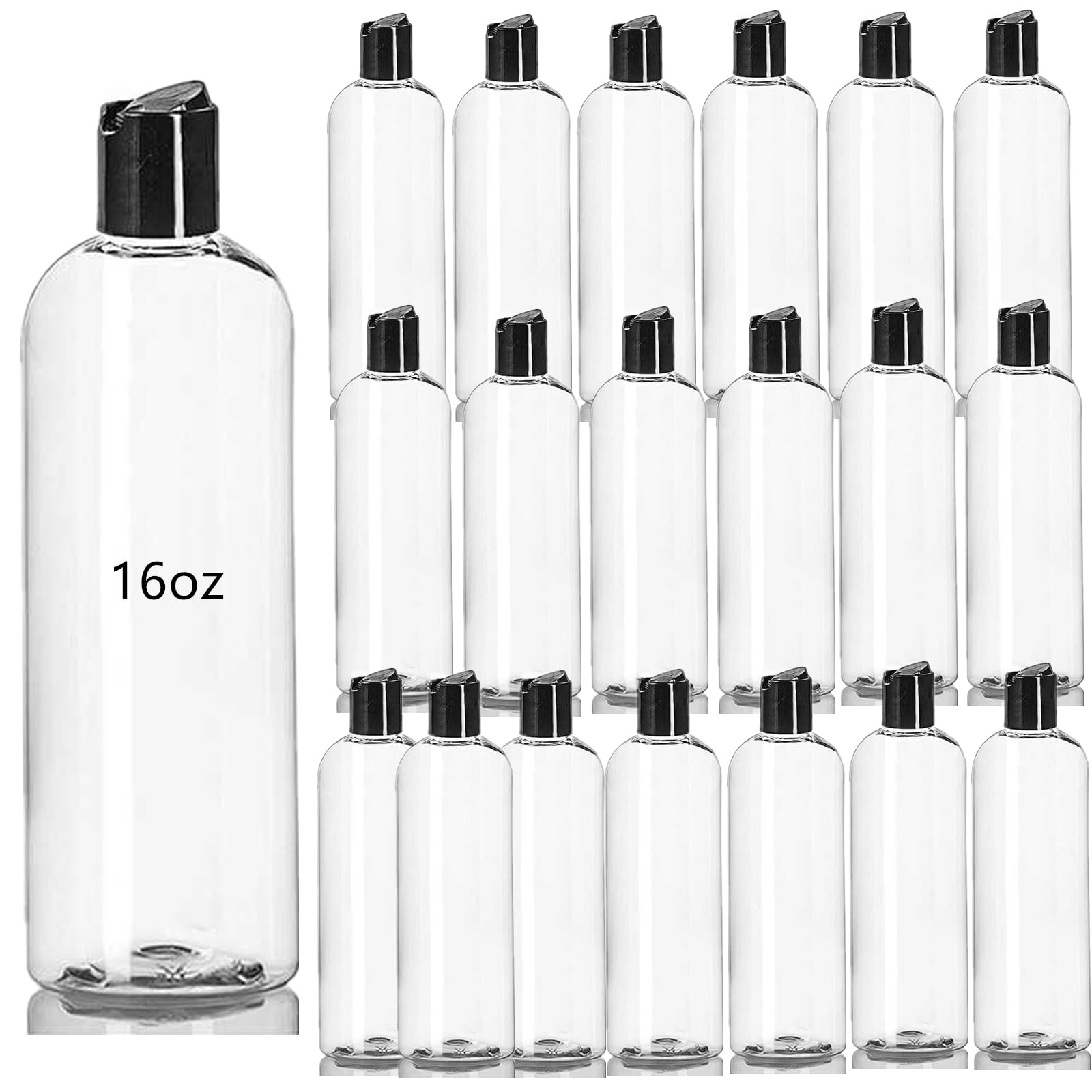 20 Pack 16 oz Clear PET Refillable Bottles with Disc Top Caps