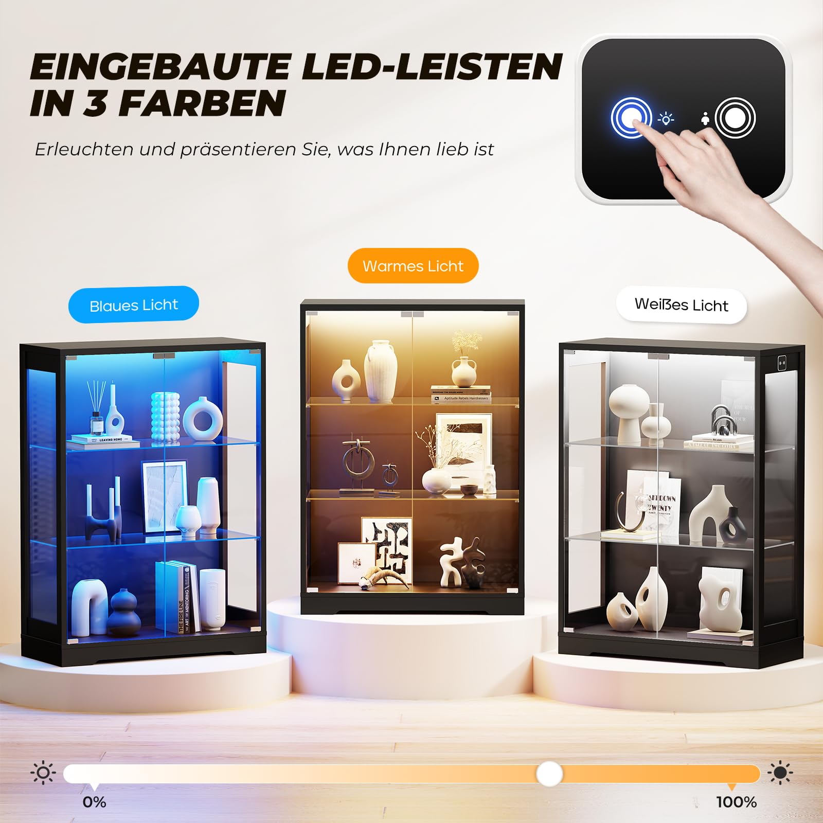 BROTTAR Vitrine mit Glastüren und 3-Farbiger LED-Beleuchtung