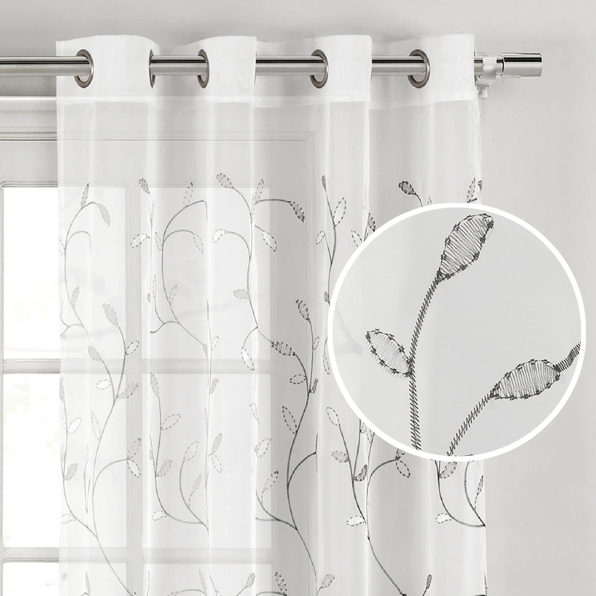 Creative Home Ideas Sheer Curtains Embroidered Floral Curtains, Extra Wide Sheer Curtain, Decorative Leaf Curtains for Living Room, Grommet Curtain Sheers, 54" x 63", Silver Gray