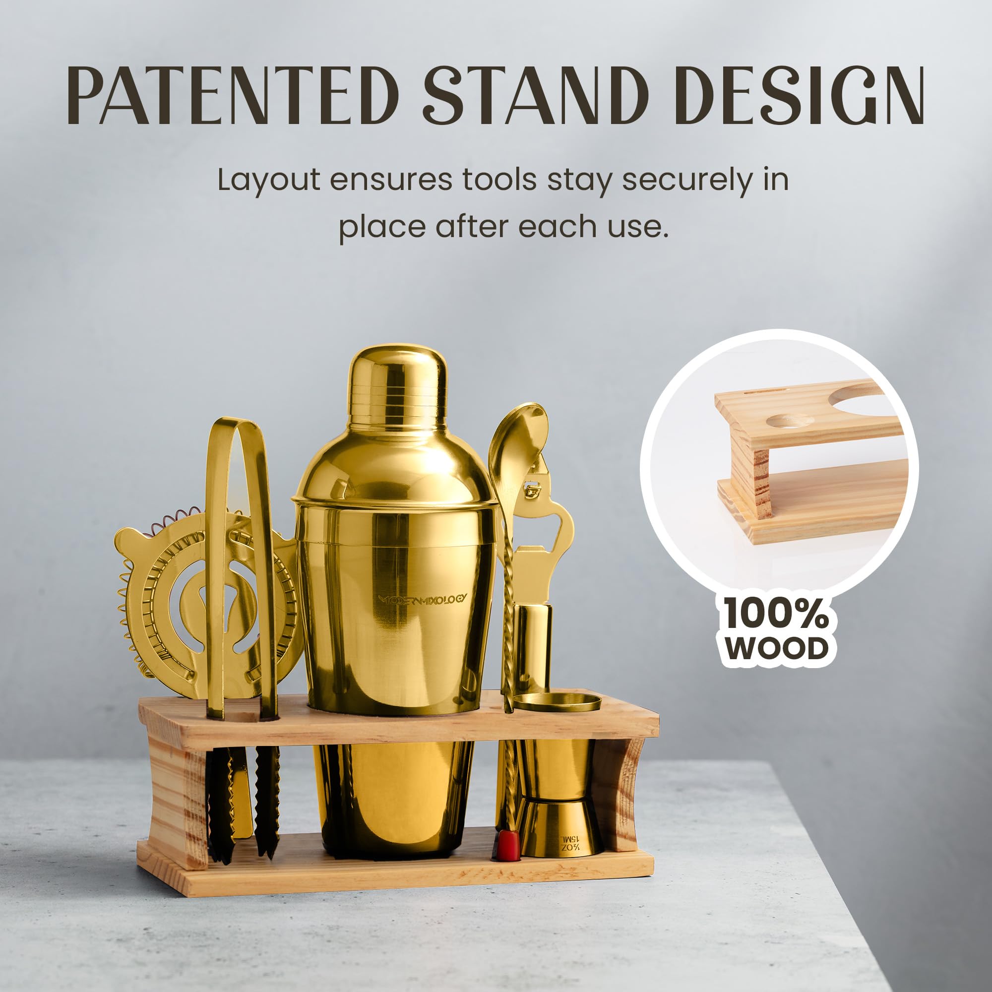 Mixology Bartender Kit con supporto | Oro con supporto in legno di pino, set shaker per cocktail - Strumenti da bar: shaker Martini, Jigger, colino, cucchiaio, pinze, apri | Nuova idea regalo per