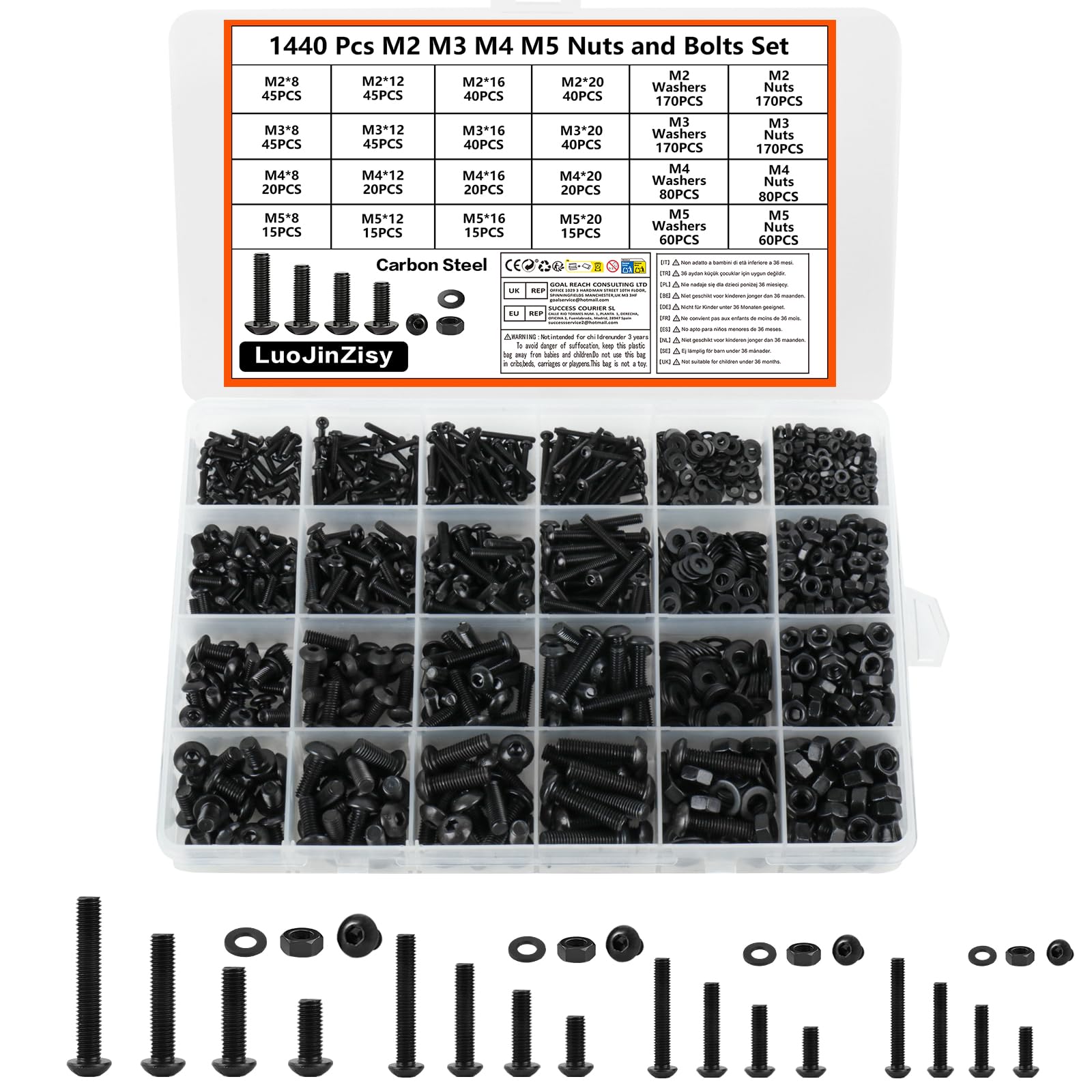 1440 PzViti M2 M3 M4 M5, Assortimento di Bulloni e Dadi, Set di Viti a Testa Cilindrica con Esagono Incassato, Kit di Bulloni Testa Tonda con Rondelle, set di Viti per Macchine Nere